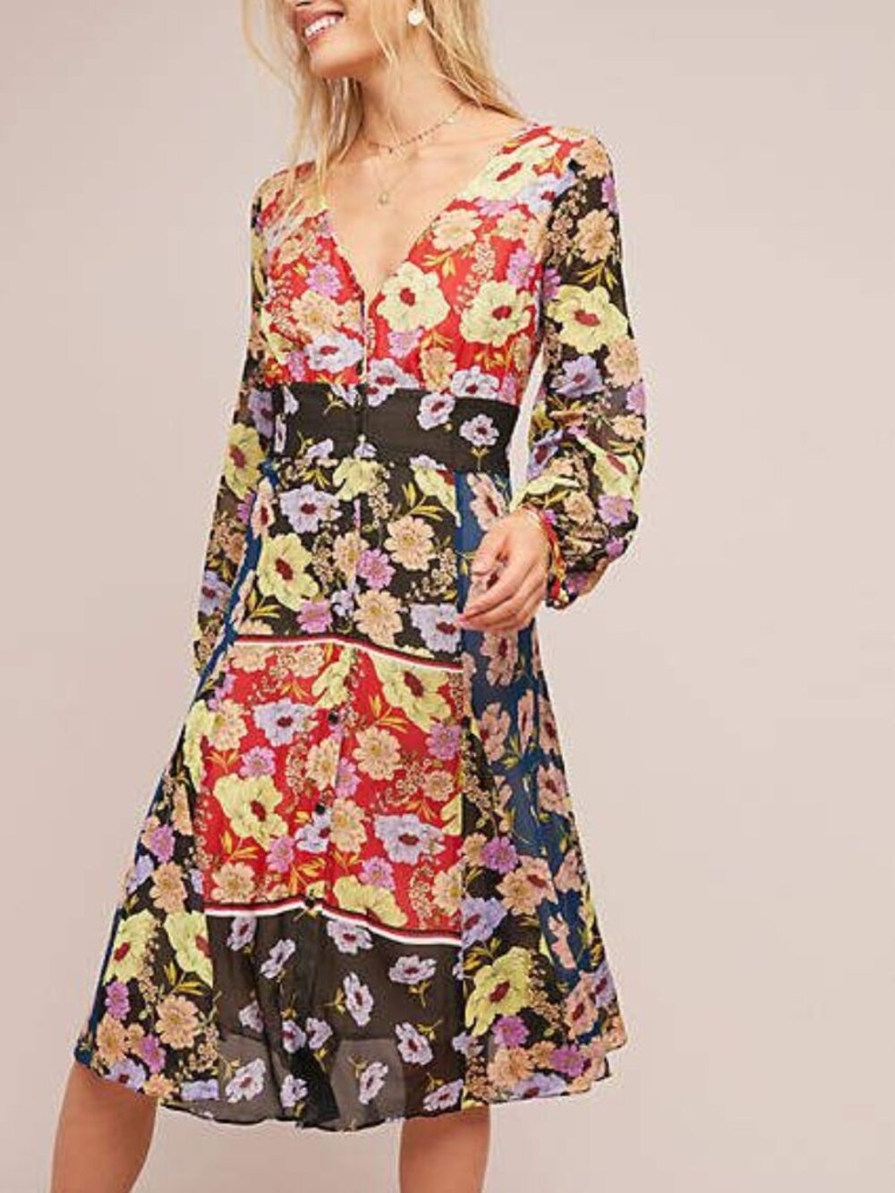 EUC Anthropologie Maeve Floral Patchwork Gardenia Midi Dress Size 10